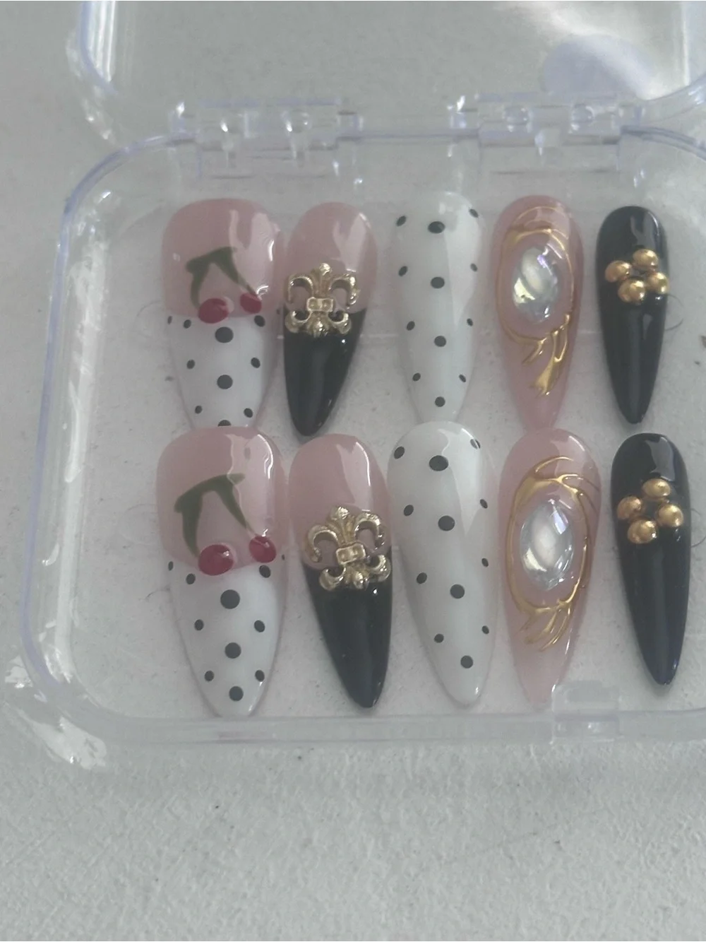 Handmade Designer-Style Press-On Nail Set - Black, White, & Gold Coquette Aesthe